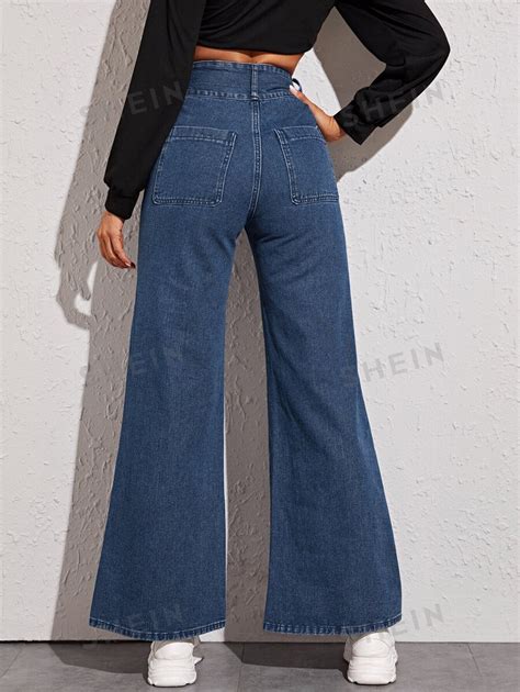 Shein Essnce Jeans De Pierna Ancha Con N De Cintura Alta Moda De