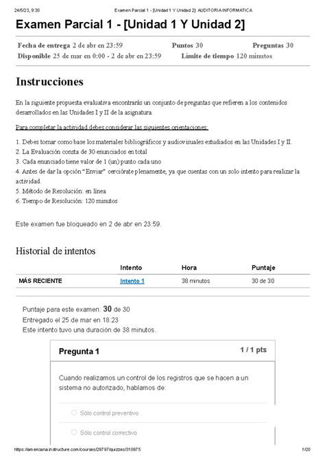 Examen Parcial 1 Unidad 1 Y Unidad 2 Auditoria Informatica Examen