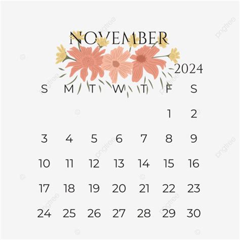 Calendario Mensual De Noviembre De 2024 Con Corona De Flores PNG