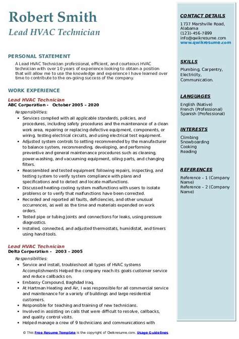 Lead HVAC Technician Resume Samples | QwikResume