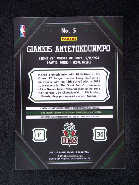 Panini Pinnacle Giannis Antetokounmpo Rc Bucks Rookie Ebay