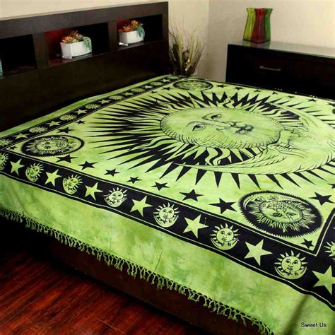 Heavy Cotton Celestial Sun Moon Star Bedspread Bed Sheet Full Green