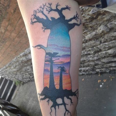 Cool accurate designed baobab tree shaped tattoo stylized with desert ...