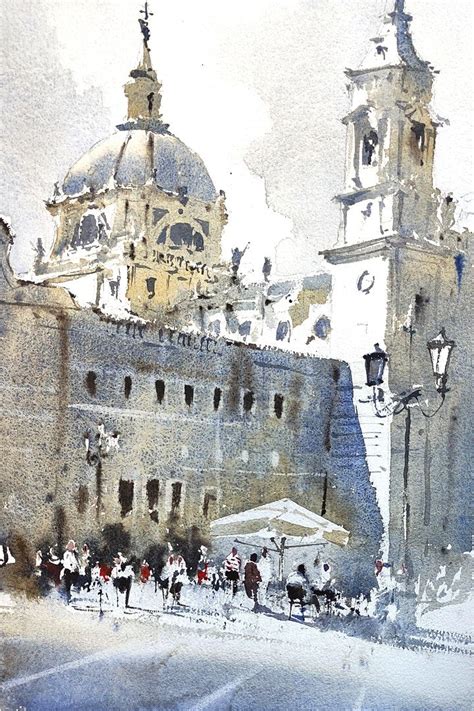 Watercolor Painting Of People Walking In Front Of An Old Building