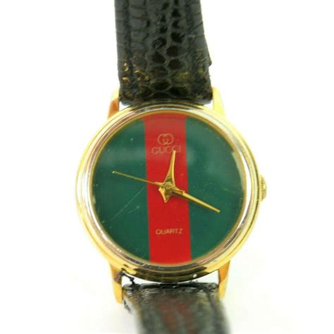 Vintage Gucci Wrist Watch With Logo Red And Green Face Leather Band Authentic Gucci Vintage