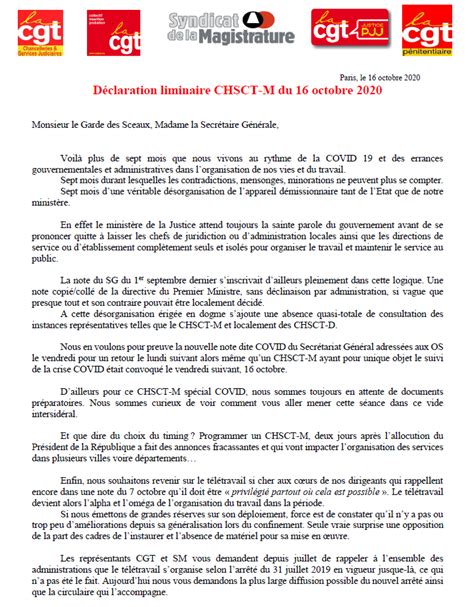 Déclaration liminaire CHSCT M du 16 octobre 2020 CGT insertion probation