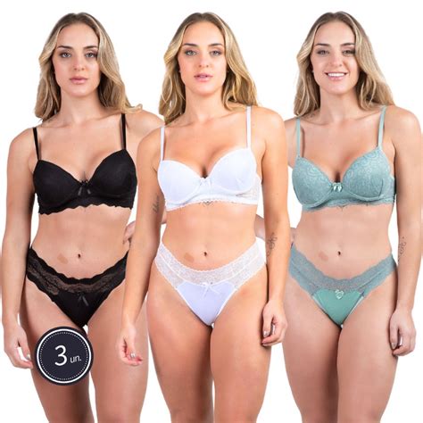 Kit 3 Conjunto Feminino Lingerie Sutiã Bojo Alça Regulável Calcinha