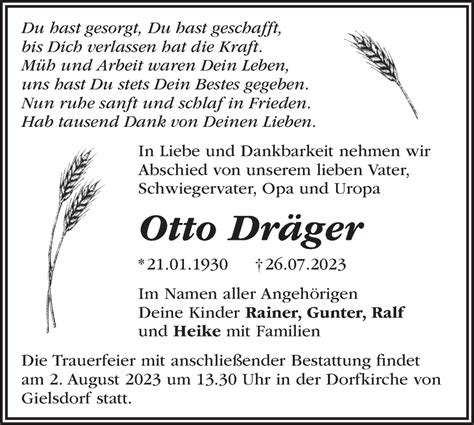 Traueranzeigen von Otto Dräger Märkische Onlinezeitung Trauerportal