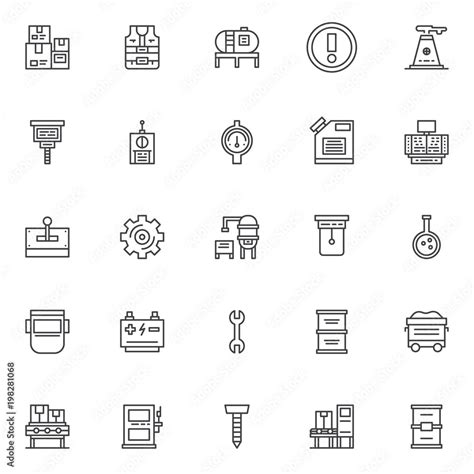 Factory outline icons set. linear style symbols collection, line signs ...