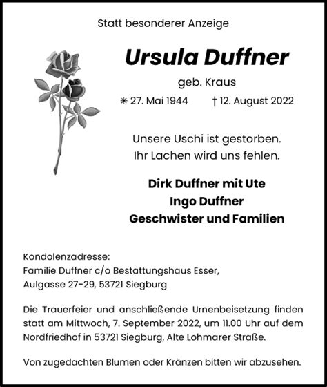 Traueranzeigen Von Ursula Duffner Wirtrauern