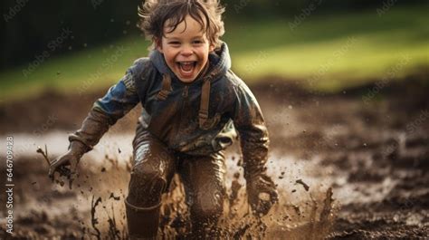 Super Excited Young Child Jumping In A Puddle Of Mud Outdoors Stock