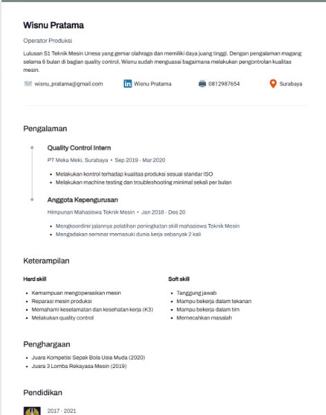 Contoh Cv Operator Produksi Tugas Guru Imagesee