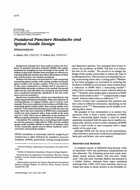 Postdural Puncture Headache And Spinal Needle Design Anesthesiology