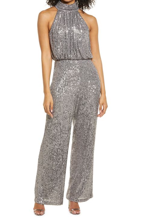 Buy Eliza J Sequin Mock Neck Jumpsuit Gunmetal At 58 Off Editorialist