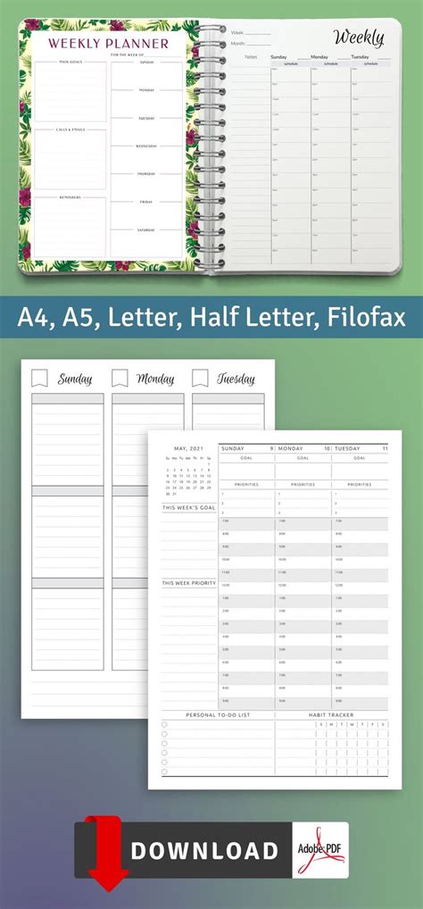 Horizontal Weekly Planner Printable Diary Two Etsy Weekly