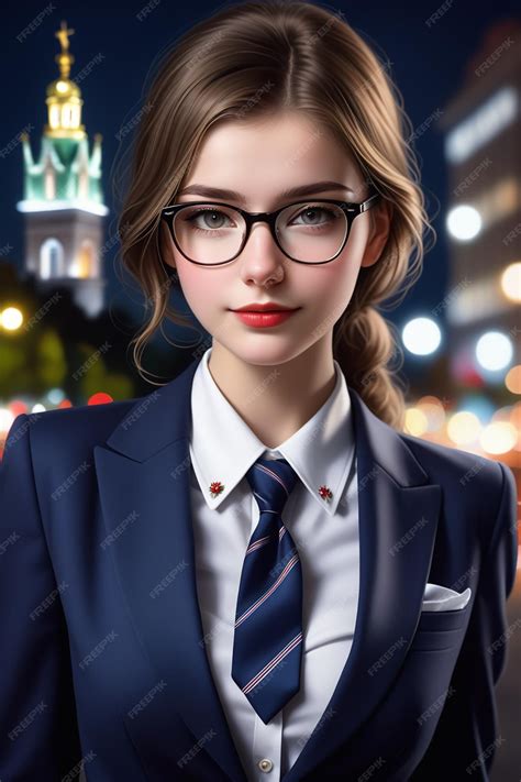 Premium Photo A Young European Pretty Girl In Suit And Glasses On A Night Background In