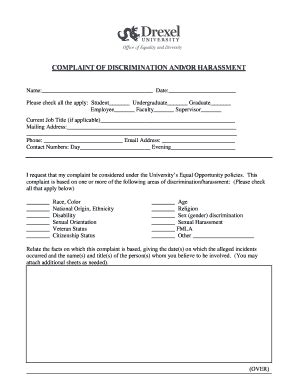 Fillable Online Drexel Complaint Of Discrimination Andor Harassment Fax