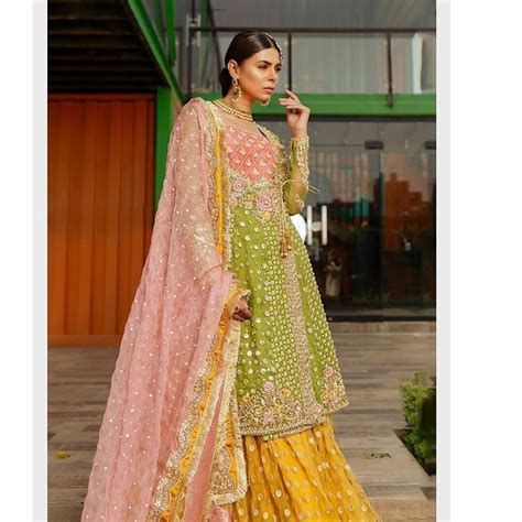 Pakistani Traditional Bridal Lehenga Angrakha Style Multi Color B