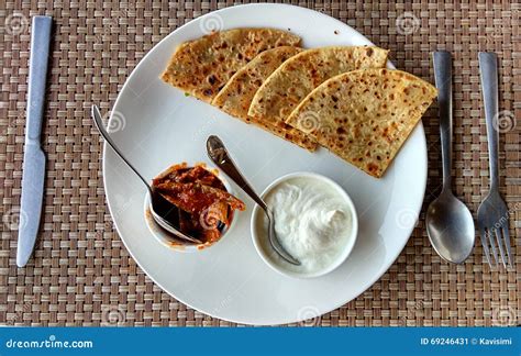 Aloo Paratha With Pickle And Curd Stock Image Image Of Onion Flour