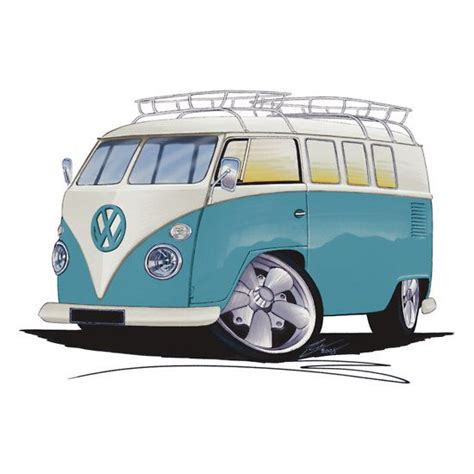 Blue and White VW Bus with Surfboards Drawing