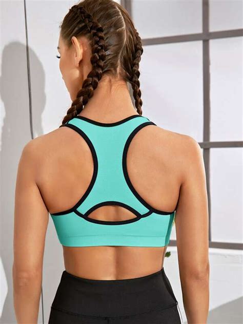 Shein Running Medium Support Contrast Binding Racer Back Sports Bra