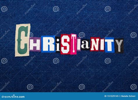 CHRISTIANITY Word Text Collage Multi Colored Fabric On Blue Denim