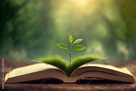 An Open Book With A Plant Growing Out Of It On Top Of A Dirt Ground In