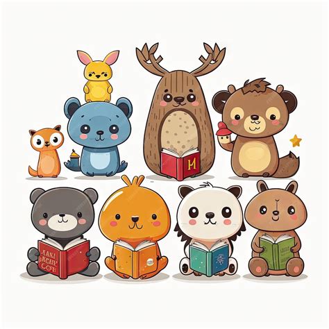 Premium Photo | Cartoon characters cute animals reading books white ...