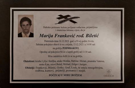 Preminula je Marija Franković rođ Biletić kiseljak info