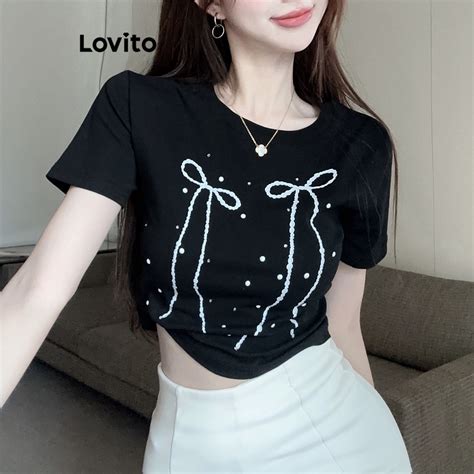 Lovito Casual Camiseta Feminina Lisa B Sica Lne Preto Shopee