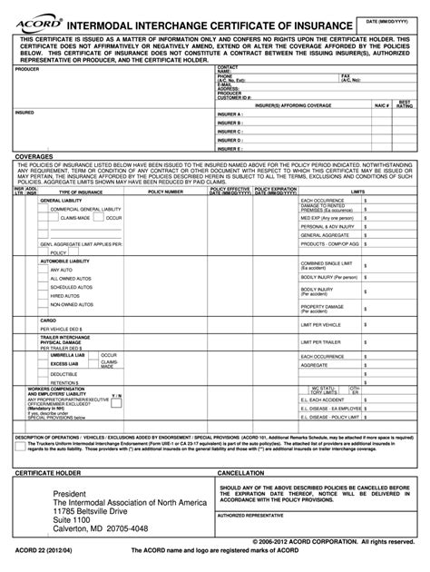 Acord 22 Fillable Form Printable Forms Free Online