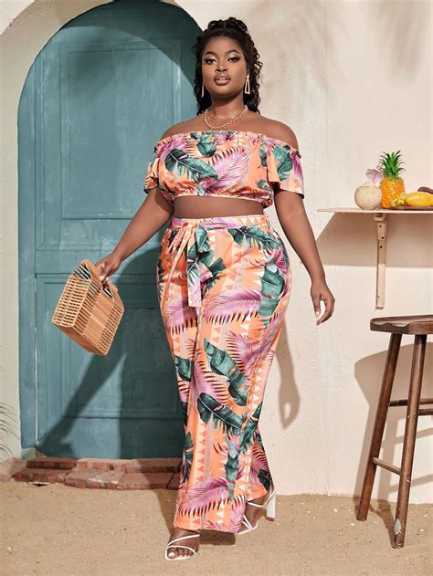 Plus Tropical Print Off Shoulder Crop Top & Belted Wide Leg Trousers ...