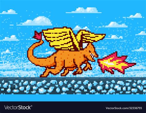 Fire Dragon And Clouds Game Concept Pixel Art 8 Vector Image