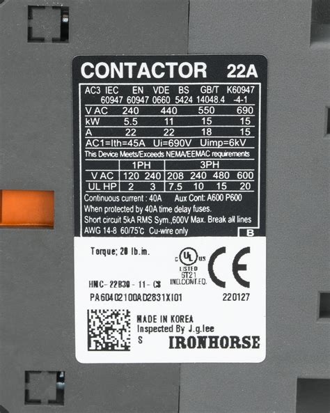 Iec Contactor 22a 230 Vac 5060hz Coil Voltage Pn Hmc 22b30 11 Cs