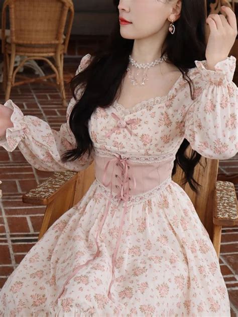 Vevesc Spring Pink Floral Elegant Dress Women Bandage Lace Print Sweet