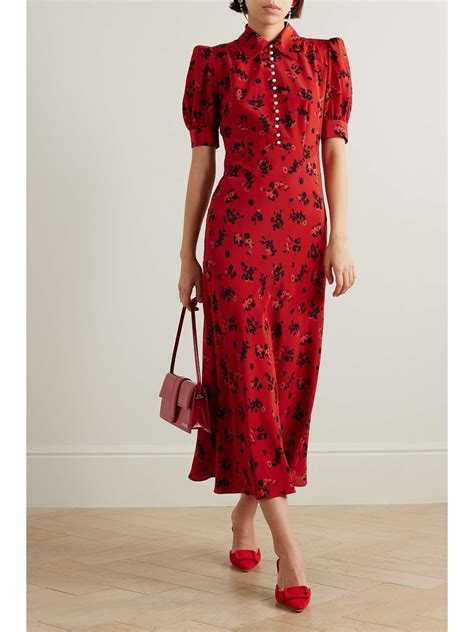 Alessandra Rich Embellished Floral Print Silk Crepe De Chine Midi Dress