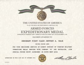 Armed Forces Expeditionary Medal Certificate