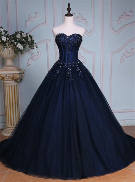 Navy Blue Sweetheart Beaded Applique Tulle Quinceañera Dress with