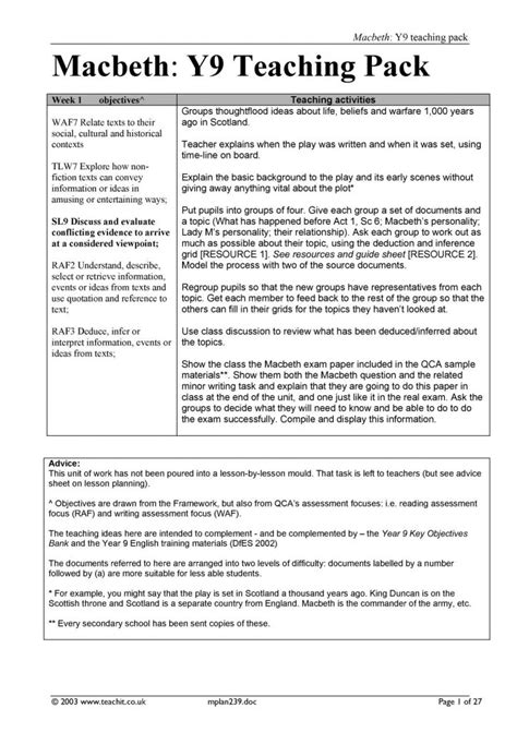 Macbeth Year 9 Teaching Pack Lesson Plans Learning