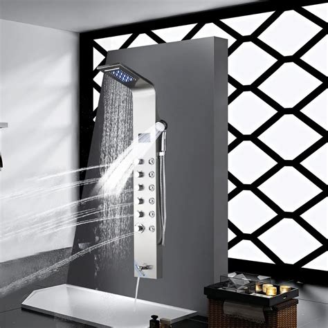 LED Head Sprayer Nickel Brushed Waterfall Shower Panel Wall Mounted ...