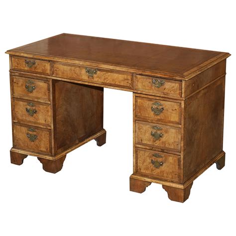 Antique Victorian Burr Walnut Twin Pedestal Partner Desk With Brown