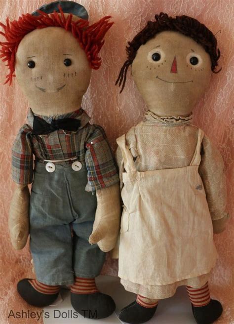 Antique Volland Raggedy Ann And Andy Dolls W Photograph Antique