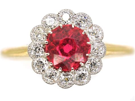 Edwardian 18ct Gold And Platinum Red Spinel And Diamond Cluster Ring