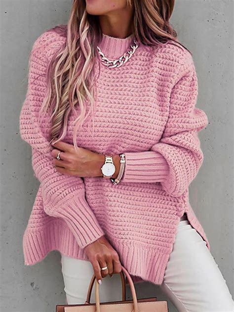 Women S Pullover Sweater Jumper Split Knitted Solid Color Stylish Basic Casual Long Sleeve