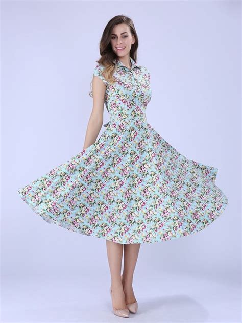 Ericdress Light Blue Floral A Line Dress Short Sleeve Floral Dress