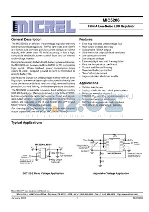 MIC5206 5 0BM5 Datasheet 150mA Low Noise LDO Regulator MIC5206 5