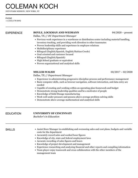 Department Manager Resume