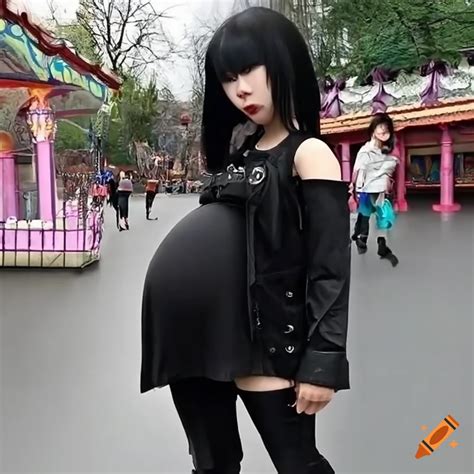 Pregnant Chinese Punk Girl In Black Jacket At A Theme Park On Craiyon