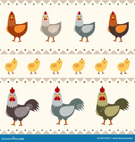 Hen Rooster And Chicken Flat Vector Illustration Seamless Pattern