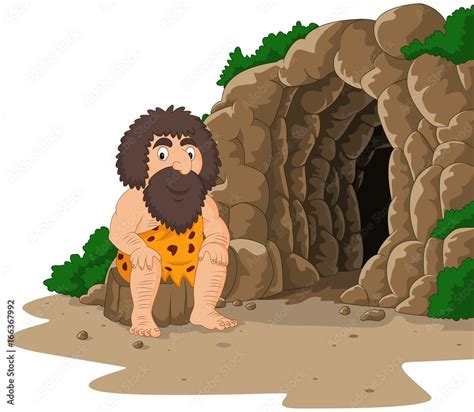 Cartoon caveman sitting with cave background Stock Vector | Adobe Stock